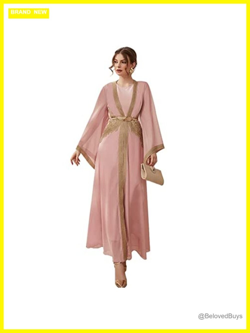 Embroidery Chiffon Abaya Maxi Dress Long Sleeve Fit Flare Muslim Eid Robe